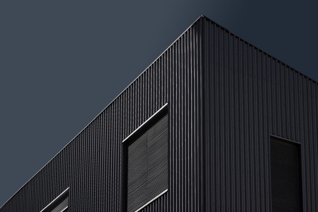 Dark modern facade with geometric pattern